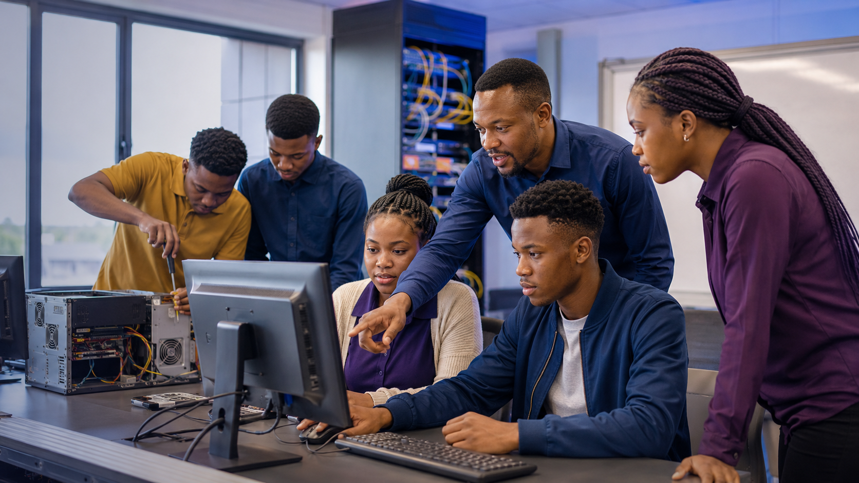 Information Technology learners and their instructor working together in a computer laboratory